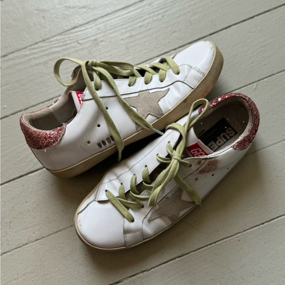 Golden Goose White Leather Sneakers with Pink Glitter Heel and Beige Star